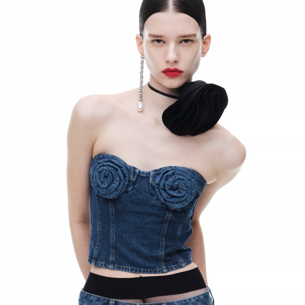 H&M Magda Butrym DENIM BUSTIER TOP WITH ROSE APPLIQUÉS size S